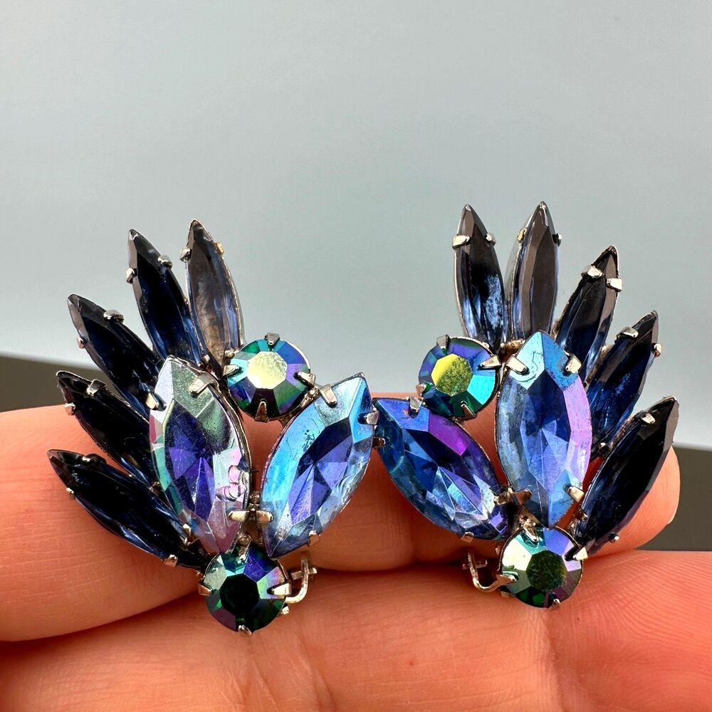 Vintage Weiss Blue Rhinestone Earrings AB Marquise Navette Clip On Climbers